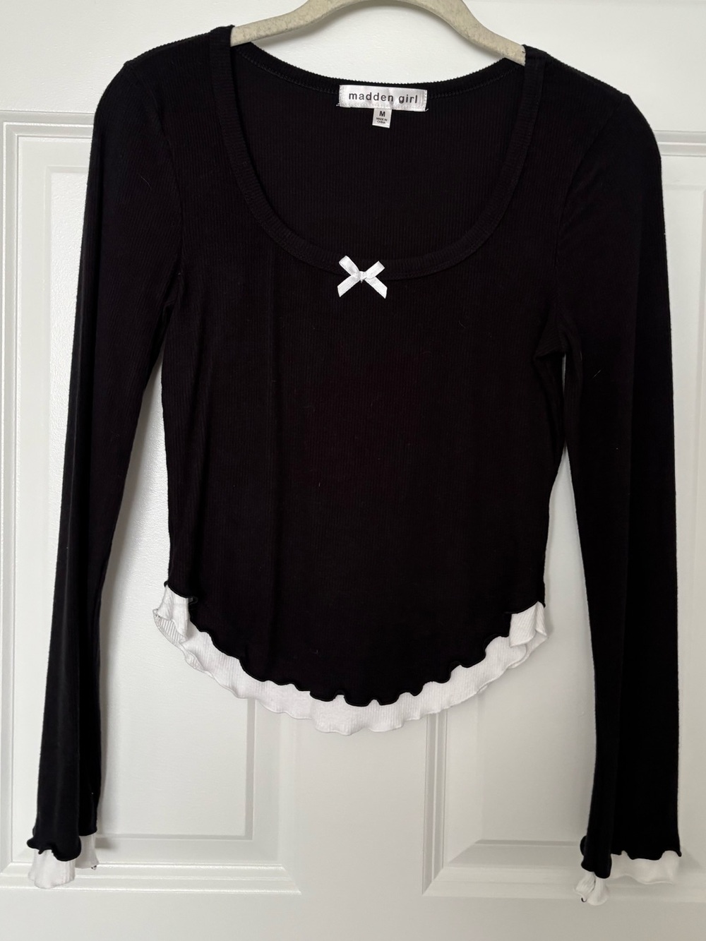 Madden Girl Black Long Sleeve Scoop Neck Top with White Trim and Bow